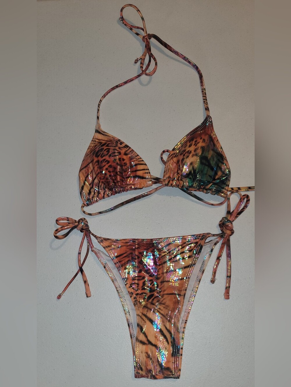 NWOT Holographic Animal Print String Bikini in Orange Brown And Greens, XS